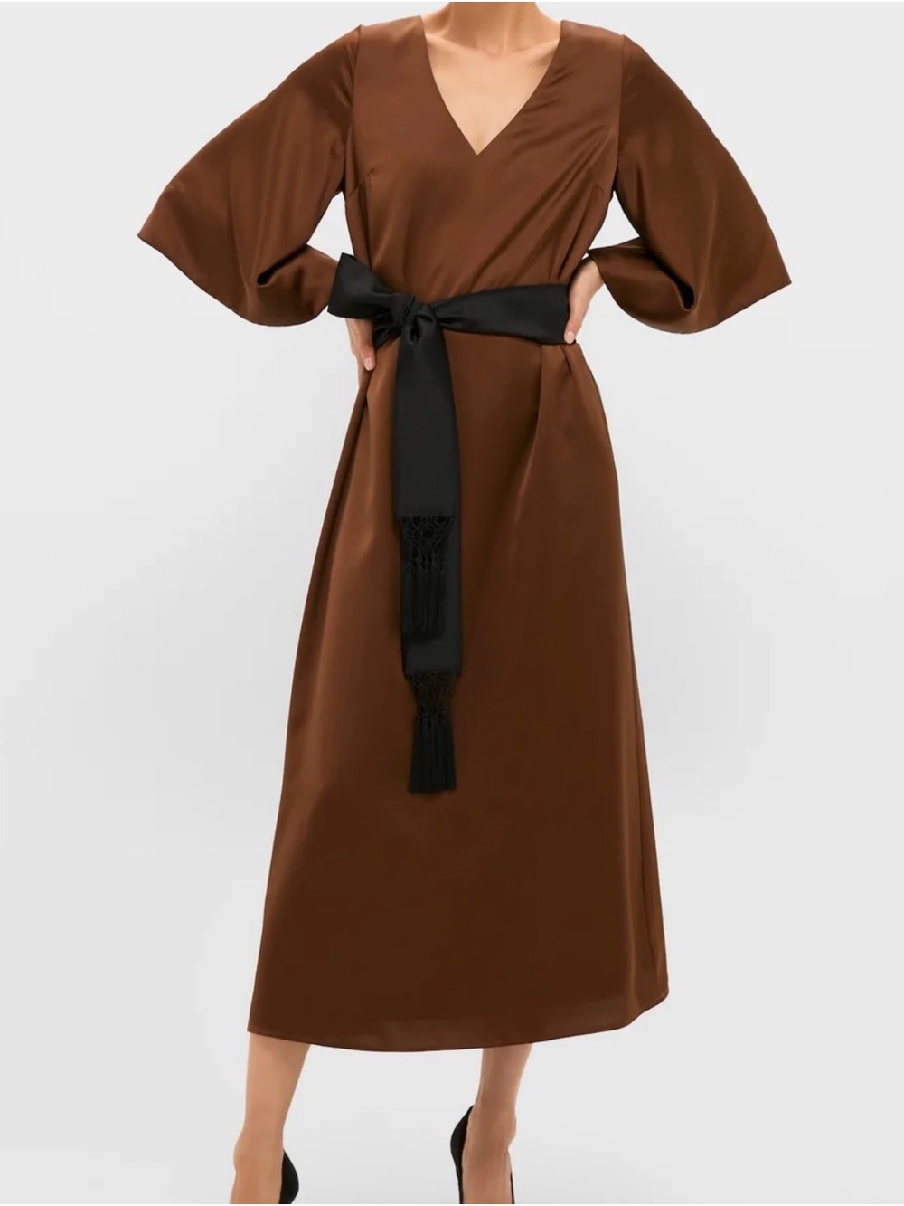Tuckernuck Chocolate Brown V-Neck Midi Dress with Black Tassel Sash